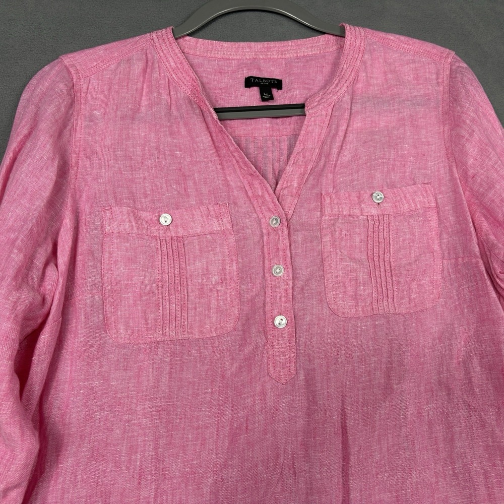 Talbots Size PL Large Petite Pink 100% Linen Popover Roll Tab Sleeve Pockets - Picture 3 of 9